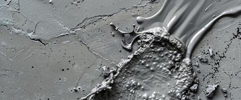 Freshly poured concrete flows smoothly over a textured gray surface, showcasing bubbles and unique patterns that highlight artisan craftsmanship photo