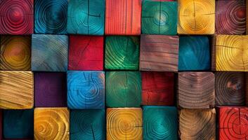 Intricate arrangement of colorful wooden blocks reveals artistic patterns and textures, showcasing creativity in a lively environment photo