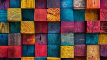 Artistic arrangement of colorful wooden blocks creates a visually stunning display filled with vibrant patterns and textures photo