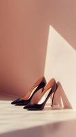 Stylish black high heels are elegantly showcased on a smooth surface with soft lighting. Their pointed toes and slender heel highlight modern fashion photo