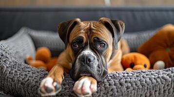 Cozy dog bed features built-in storage compartments and offers a perfect lounging spot for pets with plush toys around photo