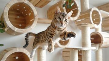A playful cat leaps between levels of a multi-tiered cat bed designed for climbing and lounging in a stylish home environment photo