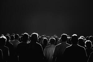 Large group of people standing together in silhouette, focused on an unseen performance as they share a collective moment of excitement photo