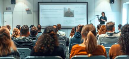People are seated in chairs, focused on a speaker and presentation slides in a conference hall during an educational event photo