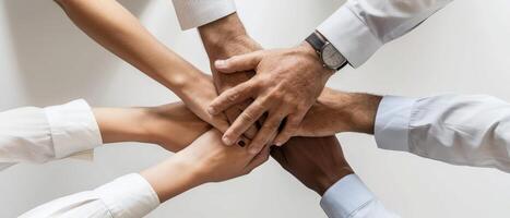 Hands of a diverse team come together in a display of unity and collaboration at a workplace meeting, fostering teamwork and cooperation photo