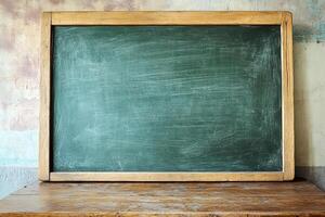Weathered green chalkboard with a wooden frame sits on a rustic table, showcasing a clean surface ready for writing and teaching photo