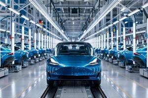 A blue car sits in a paint shop, surrounded by other vehicles, as workers prepare it for a fresh coat of paint in a busy environment photo