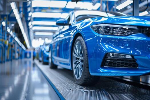 A blue car is positioned on the production line, reflecting modern manufacturing technology and attention to detail in the assembly process photo