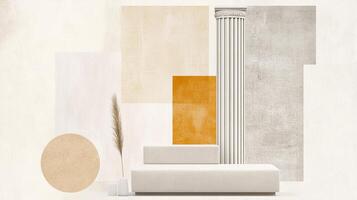 This mood board features neoclassical elements with a blend of warm and neutral colors, elegant shapes, and striking architectural accents photo