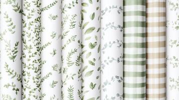 A vibrant selection of fabric rolls showcases intricate botanical patterns and classic check designs, ideal for various home decor applications photo