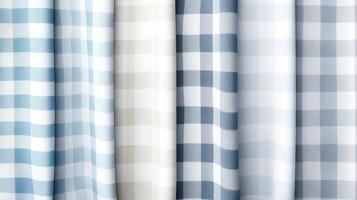 Beautiful display of checked fabric showcasing various textures and shades of blue and white, perfect for stylish home decor or fashion designs photo