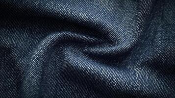 Dark blue denim fabric displayed in a close-up, showcasing its fine texture and subtle weave patterns, ideal for various clothing items photo