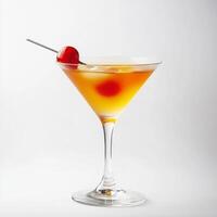 A beautifully crafted cocktail is displayed in a clear martini glass, featuring vibrant hues and a cherry garnish, set against a white backdrop photo