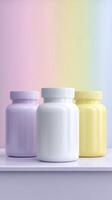 Three identical jars in lavender, white, and yellow are neatly arranged on a shelf against a soft gradient backdrop, creating a tranquil atmosphere photo