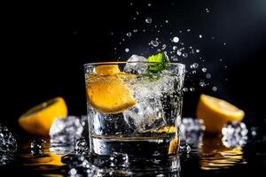 Refreshing cocktail with ice, citrus slices, and mint creates a dynamic splash against a striking black backdrop, showcasing artistry in mixology photo