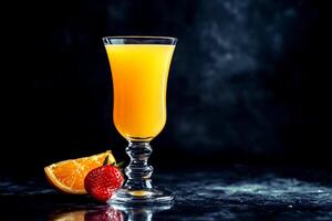 Bright orange cocktail served in an elegant glass alongside a strawberry and orange slice on a polished surface photo