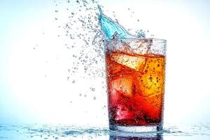 Refreshing cocktail bursts with vibrant colors as ice cubes create dynamic splashes on a white background photo
