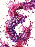 Dynamic splashes of purple wine intertwine with bunches of grapes, showcasing a captivating moment of color and motion photo