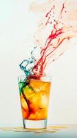 A vibrant cocktail filled with ice displays colorful splashes of liquid against a white background, showcasing creativity and refreshment photo