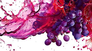 Dynamic splash of purple wine accentuates ripe grapes, capturing the essence of celebration and indulgence in a bold display photo