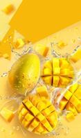 Freshly cut yellow mango pieces are laid out with water droplets, emphasizing the fruit s juiciness and vibrant color against a yellow backdrop photo