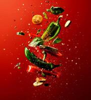 Colorful green hot pepper bursts with movement among fresh vegetables and herbs, creating an inviting culinary scene full of flavor photo