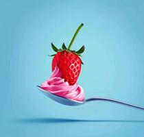 A vivid strawberry sits on a swirl of pink cream on a spoon, set against a smooth blue backdrop, creating an appealing visual contrast photo