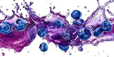 A stunning splash of fresh blueberries bursts against a white backdrop, with juice droplets captured mid-air, creating vivid purple waves photo