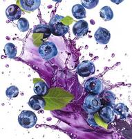 Blueberries burst into a splash, creating a vibrant purple liquid with droplets of water all around, showcasing freshness and juiciness photo
