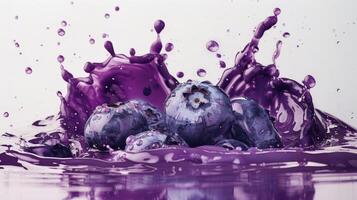 Fresh blueberries create a dynamic splash as vibrant purple liquid erupts around them, showcasing an artistic blend of colors photo