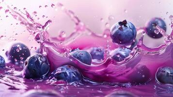 Blueberries create a striking splash as they collide with vibrant purple liquid, showcasing an energetic moment full of color and motion photo