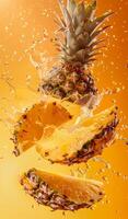 Pineapple slices hover in mid-air against a bright orange backdrop, capturing the essence of freshness and summer delight photo