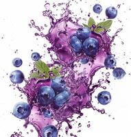 Fresh blueberries create a dynamic splash with vibrant purple liquid, capturing the energy of fruits in a refreshing moment photo