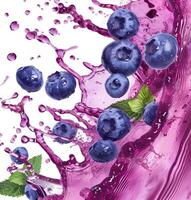 Fresh blueberries burst into vibrant purple liquid, creating a lively splash with droplets captured mid-air, emphasizing freshness and flavor photo