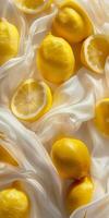 Whole lemons and lemon halves are artfully placed on soft white fabric, showcasing their bright yellow color and fresh appeal photo