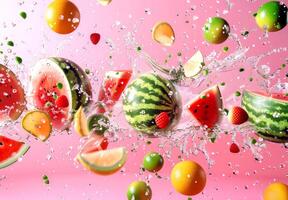 A colorful display of watermelon and assorted fruits soaring through the air, creating a spectacular splash effect against a pink backdrop photo