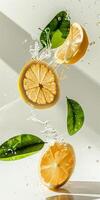 Two lemon slices and green leaves are floating in clear water with splashes, creating a fresh and vibrant atmosphere photo