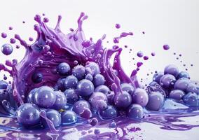 A vibrant splash of purple grape wine reveals dynamic liquid forms and bubbles, showcasing artistic fluidity and color on a white backdrop photo