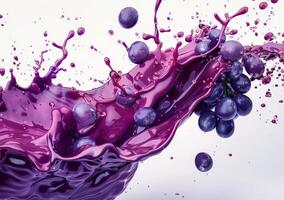 A stunning explosion of purple grape wine captures the essence of freshness, featuring grapes and splashes that convey vibrancy and richness photo