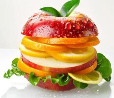 A vivid arrangement of sliced apple and orange layered with fresh greens and citrus, glistening with droplets of water, highlights farm-fresh produce photo