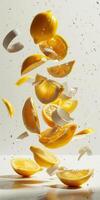 Bright yellow lemon slices float in mid-air, surrounded by water droplets, creating a refreshing and vibrant display of citrus photo
