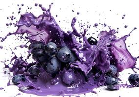 Vivid purple liquid splashes around dark grapes, showcasing a stunning interplay of color and motion in a dynamic arrangement photo