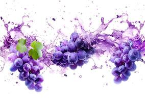 Purple wine spills from plump grapes, creating a dynamic splash with droplets in a visually captivating arrangement photo