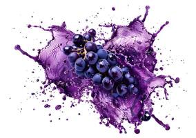 Purple wine and fresh grapes collide, producing an artistic splash that showcases their rich colors and textures against a white backdrop photo
