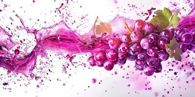 A beautiful mix of purple wine and ripe grapes creates dynamic splashes, showcasing vibrant colors and lively motion against a white backdrop photo