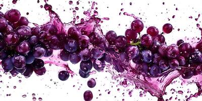 Purple wine splashes dramatically alongside clusters of fresh grapes, showcasing dynamic movement and rich color in a lively presentation photo