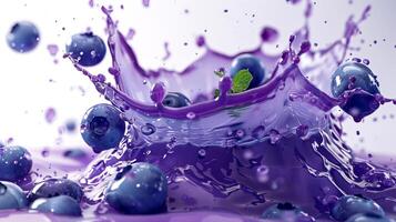 A burst of blueberries splashes dramatically, forming intricate droplets and ripples in a vibrant, clear liquid environment photo