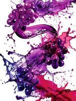 Splashes of purple wine blend with juicy grapes, creating a lively and colorful presentation in a creative and energetic manner photo