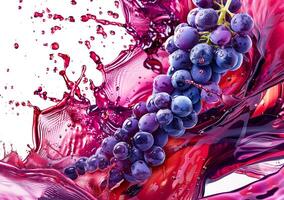 Vibrant purple wine splashes around fresh grapes, creating an energetic and lively composition that captures the essence of indulgence photo