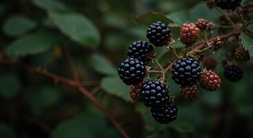 Close-up view of ripe blackberries growing on a thorny bush in a garden setting photo